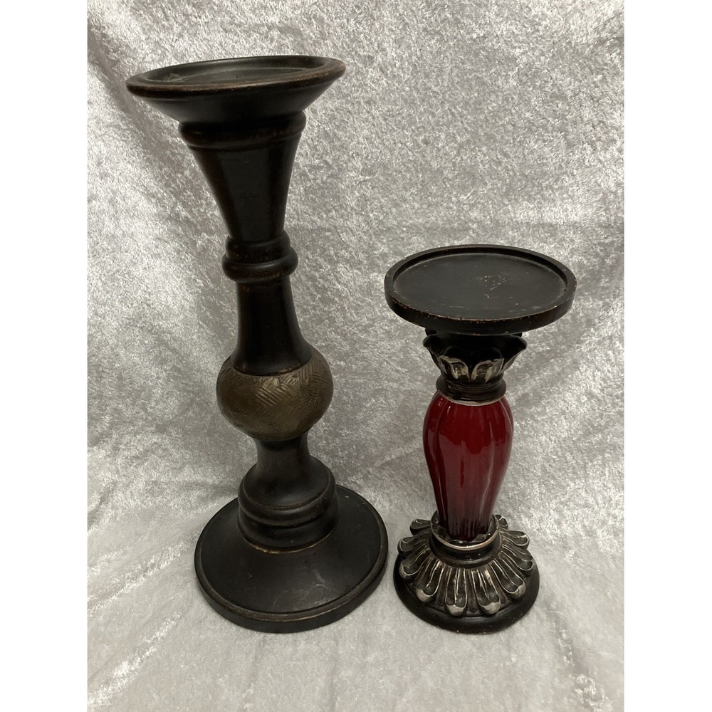 Lot of 2 Pillar Candle Holders, Red Ornate Glass Art Deco & Antiqued Brown Wood